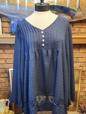 Women’s Navy Blue Swiss Dot Lace  Button-Front Tunic with Lace Hem Plus Size